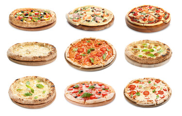 Set with different tasty pizzas on white background