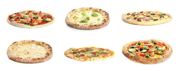 Set with different tasty pizzas on white background, banner design