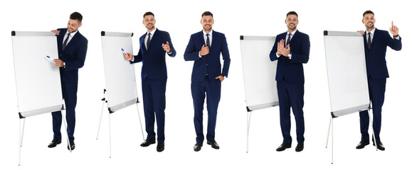 Collage with photos of business trainer on white background, banner design