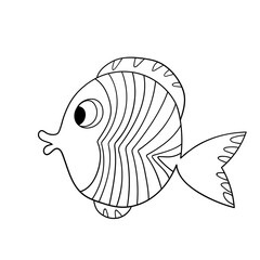 Cartoon cute fish. Hand drawing outline colouring pictures. Isolated items. Suitable for children's coloring and prints. Adorable character for card, kindergarten. Stock vector illustration.