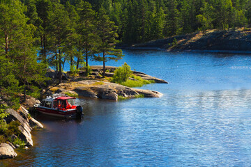 Motor boat near the rocky island overgrown with pine trees. Summer landscape, vacation and adventure concept