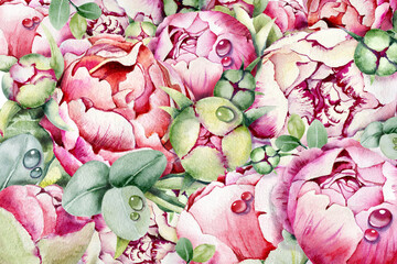 Greeting card template with peonies, roses flowers, eucalyptus leaves and gift ribbon, bow. Hand watercolor illustration isolated on white background. Wedding design, birthday, invitation, greetings