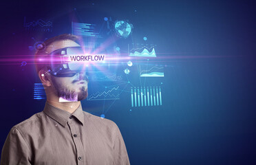 Businessman looking through Virtual Reality glasses with WORKFLOW inscription, new business concept