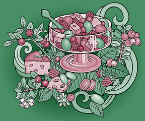 Fruits, berries, sweets hand drawn illustration