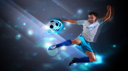 Fototapeta na wymiar Shot of football player in action. Creative banner design