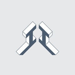 II - logo or 2-letter code. Isometric 3d font for design. Letter I or number 1 and letter I - Monogram or logotype. Three-dimension letters or number 11.