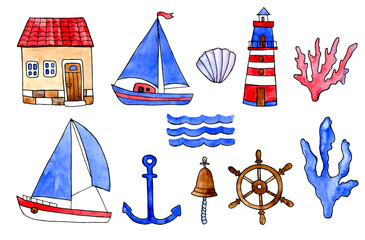 Obraz na płótnie Canvas Marine set with ships, lighthouse, steering wheel, house, anchor, shell and corals. Watercolor drawing, traveling on the sea or ocean