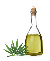 Bottle of hemp oil and fresh leaves on white background