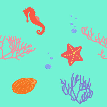 Pattern of sea shells and starfish and seahorse