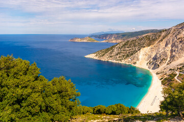 Famous Myrtos beach with white sand and turquoise sea water on Kefalonia island. Greece, Europe