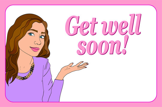 Get well soon greeting card. Smiling lady