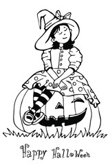 a girl dressed as a witch for Halloween is sitting on a pumpkin. draw a black and white outline isolated on a white background