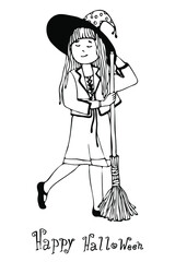 a girl dressed as a Halloween witch, ask for candy. draw a black-and-white outline isolated on a white background