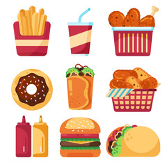 Set of fast food such as Hamburger, Taco ,Chicken fried, Soda, Donut, Vector illustration in flat style