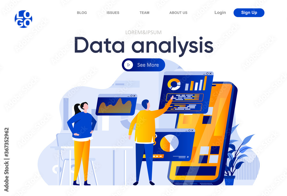Leinwandbilder Data analysis flat landing page. People using mobile application with business analytics on screen vector illustration. Online financial data analysis web page composition with people characters.