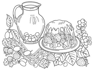 Sweets, berries, fruits, drinks illustration