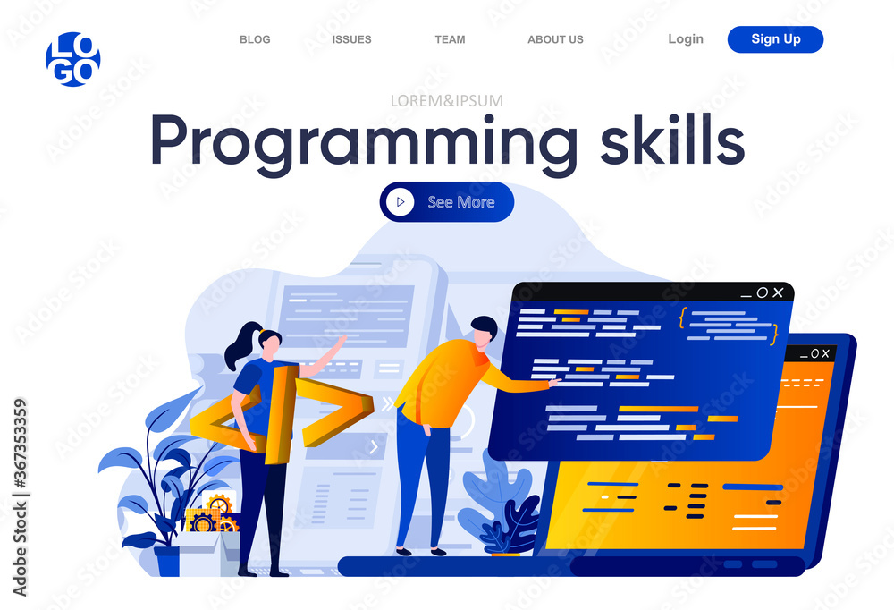 Poster Programming skills flat landing page. Developers team creating, testing and programming computer application vector illustration. Software development web page composition with people characters.