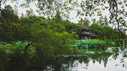 Fototapeta na wymiar Landscape in park in West Lake scenic area in Hangzhou, China