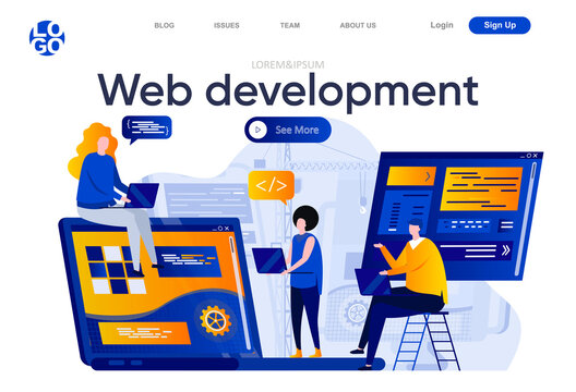Web development flat landing page. Creative team of designers and developers work together vector illustration. Full stack development, software engineering web page composition with people characters