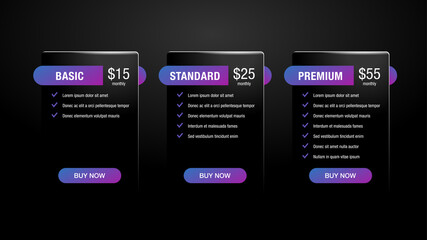 Tariff comparsion tables - web UI template - Basic, Standard, Premium tariffs - three columns with options in different colors - isolated vector infographics