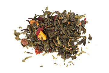  Leaves of Chinese Dry Tea Top Grade with Goji Berries and Powdered Acai on White Background