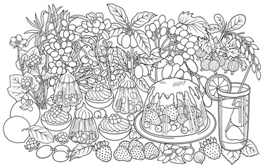 Sweets, berries, fruits, drinks illustration