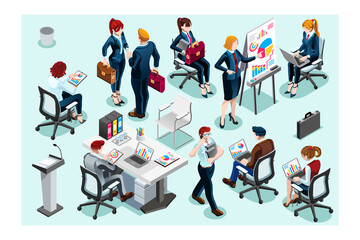 Modern Isometric Brainstorm on the Board Teamwork Meeting in Quarantine. Suitable for Diagram, Infographic, Book Illustration, Game Asset or other Graphic Related Assets in isolated white background.