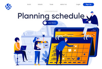 Planning schedule flat landing page. Business team planning and organizing work activities and tasks vector illustration. Time management and efficiency web page composition with people characters