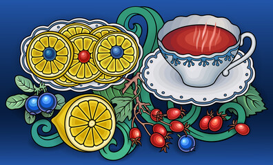 Tea, berries, fruits hand drawn illustration