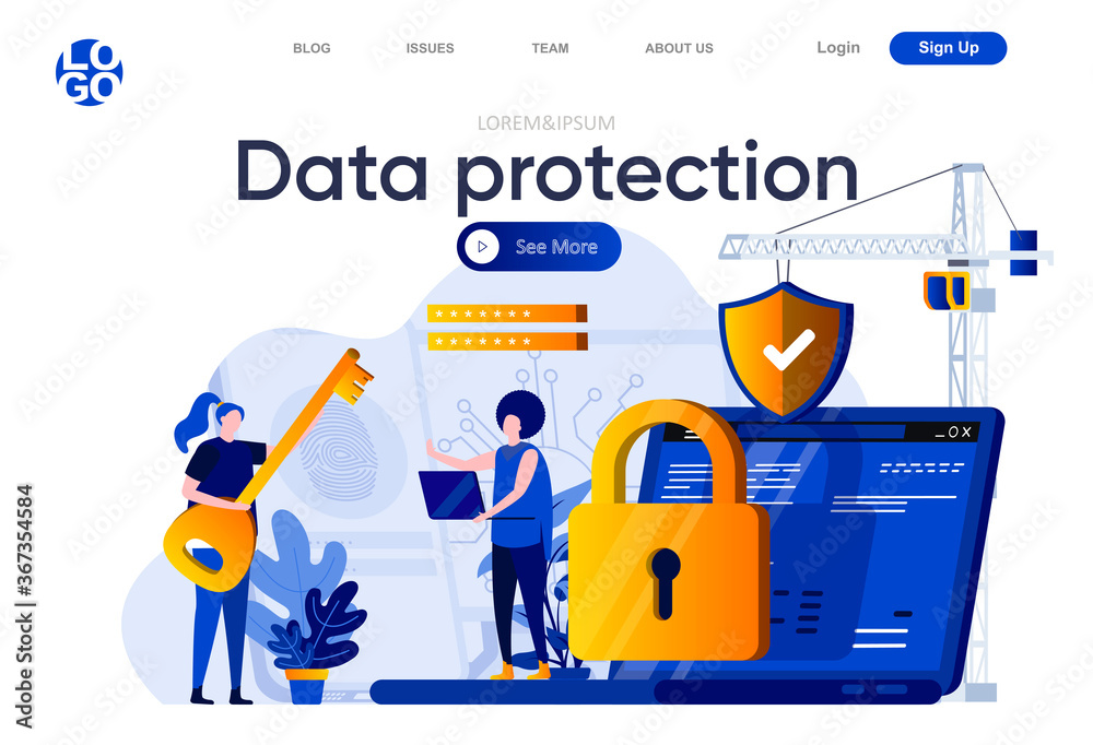 Leinwandbilder Data protection flat landing page. Cybersecurity specialist consultation with client vector illustration. Data security system, information confidentiality web page composition with people characters