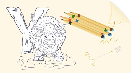 illustration layout banner of the English alphabet for learning the alphabet letter Y Yak sheet of paper with colored pencils outline Doodle