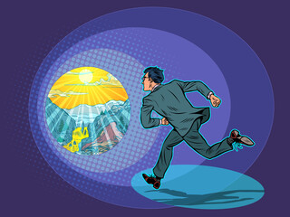 Vacation. The businessman runs to the mountain resort