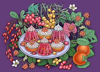 Sweets, berries, fruits hand drawn illustration