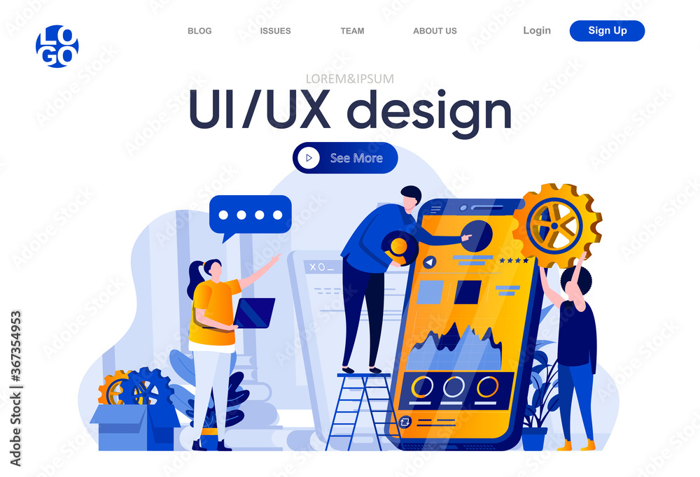 Leinwandbilder UI UX design flat landing page. Developers team together creating interface of mobile application vector illustration. Responsive design and usability web page composition with people characters.