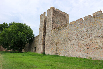 Fototapeta na wymiar ruined outer wall and towers of stone old medieval fortress Smederevo in Serbia, national landmark