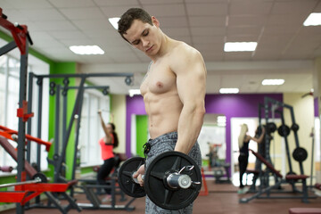 Fototapeta na wymiar Muscular man working out in gym doing exercises with barbell, strong male naked torso abs
