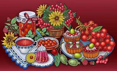 Sweets, berries, fruits, drinks illustration