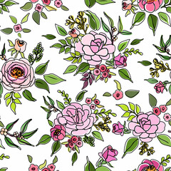 Pink roses bouquets black outline and unfit colored cartoon illustration white background.
