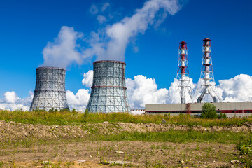nuclear power plant with cooling towers