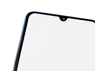 Obraz premium Black mobile smartphone mockup lies on the surface with blank screen isolated on white background