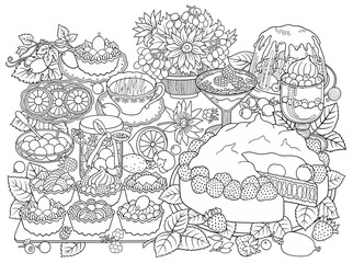 Sweets, berries, fruits, drinks illustration