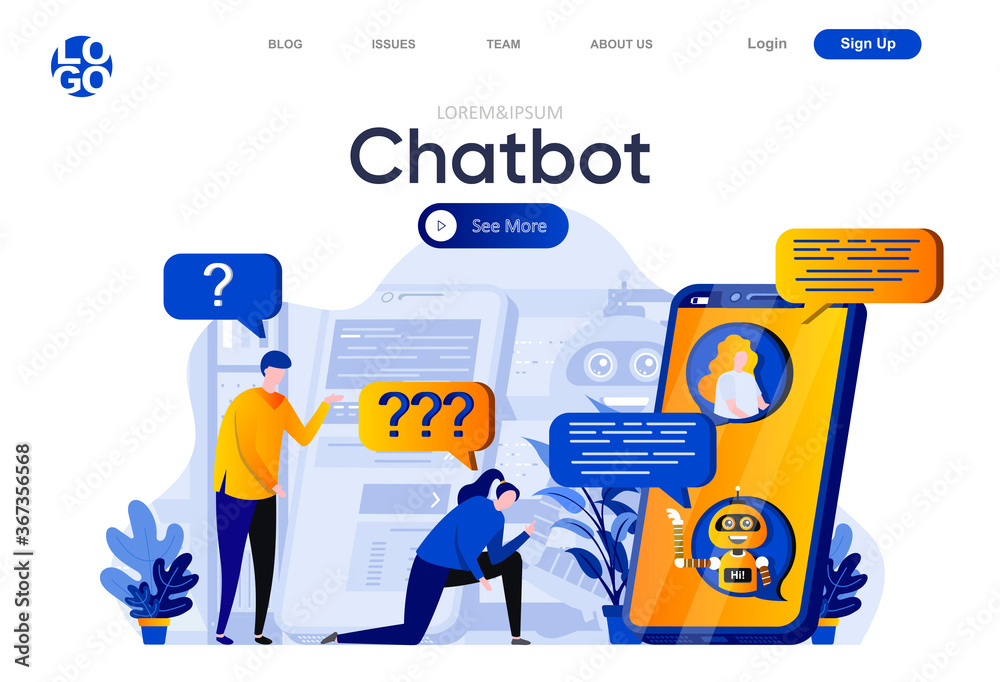 Wall mural chatbot flat landing page. people chatting with chatbot, virtual assistance service vector illustrat