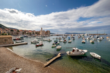 Fototapeta premium Panorama of Komiza, settlement and fishing port on island Vis on Adriatic sea in Croatia
