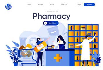 Pharmacy flat landing page. Woman shopping in drugstore, pharmacist advises client vector illustration. Pharmaceutical distribution, medicine store web page composition with people characters.