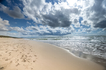 Beautiful white sand beaches in the Curonian Spit National Park on the Baltic Sea coast in Lithuania