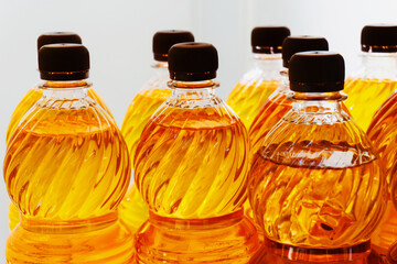 Sunflower oil in plastic bottles. Close-up