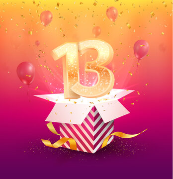 13 years anniversary vector design element. Isolated Thirteen years jubilee with gift box, balloons and confetti on a bright background. 0