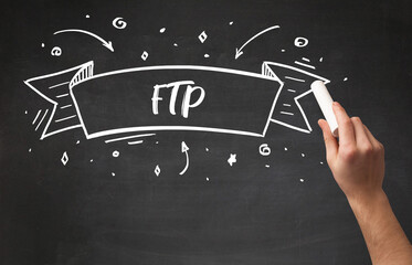 Hand drawing FTP abbreviation with white chalk on blackboard