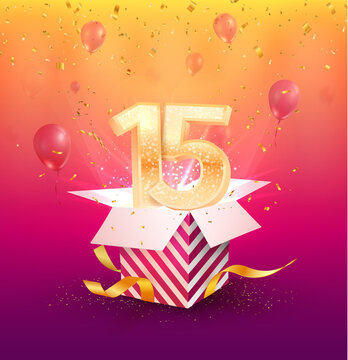 15 years anniversary vector banner template. Fifteen years jubilee with balloons and confetti on a bright background. 