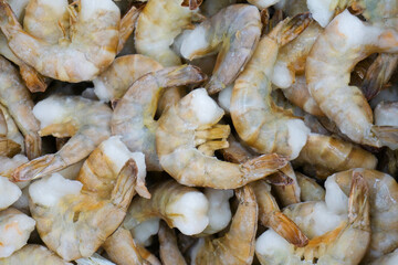 Frozen shrimp. Trade in seafood in the store. Close-up